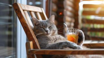 Relaxed Gray Cat Lounging in a Wooden Chair with Refreshing Cocktail on a Sunny Day photo