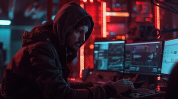 Hacker in Dark Room with Cinematic Lighting Analyzing Data on Multiple Screens photo