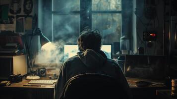 Hacker Working in a Dark Room with Cinematic Lighting and Smoke photo