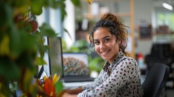 Smiling Woman Enjoying IT Services in a Bright Modern Office with Lush Greenery and Natural Light photo