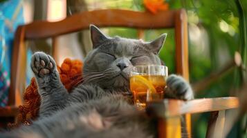 Adorable Gray Cat Relaxing with a Refreshing Cocktail in a Cozy Outdoor Setting photo