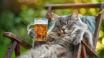 Cute Gray Cat Relaxing in Chair Holding a Mug of Beer in a Tranquil Outdoor Setting photo