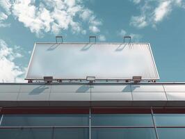 Low Angle View of a Blank Billboard Against a Clear Blue Sky for Advertising and Promotions photo
