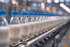 Milk Production Line at Factory With Glass Bottles and Blue Caps in a Modern Dairy Facility photo