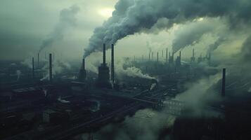 Industrial Landscape with Heavy Pollution and Smoke Emissions from Large Factory Chimneys Impacting the Environment and Atmosphere photo