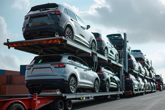 Modern Car Carriers Transporting Multiple Vehicles on Highway Under Bright Sky, Efficient Logistics and Transportation Solutions photo