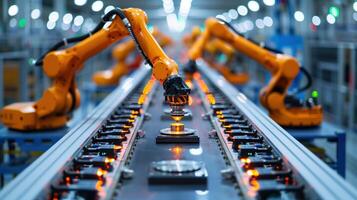 Modern Industry 4.0 Factory Featuring Industrial Automation Robots for Enhanced Manufacturing Processes and Precision Engineering photo