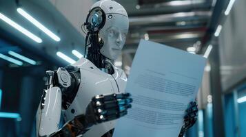 Futuristic AI Robot Analyzing Document Inside High-Tech Computer Environment with Advanced Technology and Robotics photo
