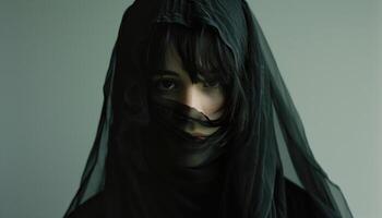 Mysterious Portrait of Woman Covered in Black Veil Enigmatic Expression photo