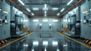 Industrial Generator Room with Two Large Generators and Equipment in a Modern Factory Setting photo