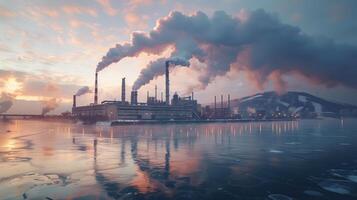 Industrial Landscape with Heavy Pollution and Smokestacks at Sunset Reflected in a Calm Water Surface photo
