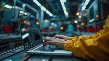 Professional Worker Using Laptop in Modern Factory for Efficient Management and Data Analysis During Industrial Operations photo
