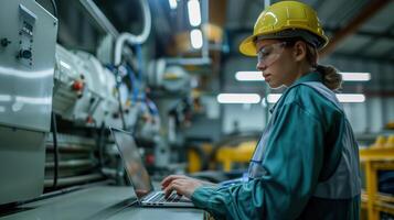 Professional Worker in Modern Factory Using Laptop for Industrial Machine Operations and Monitoring photo