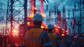 Engineers in Uniforms and Helmets Inspecting an Industrial Power Plant at Sunset photo