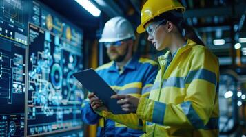 Male and Female Industrial Engineers Analyzing Data on Tablet in a Modern Production Facility photo