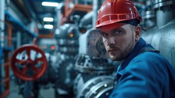 Engineers in Uniforms and Helmets Working Behind Machinery in Industrial Factory Setting photo