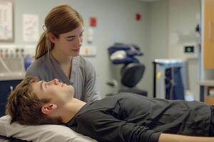 Physical Therapy Session in Clinic with Caring Therapist Assisting Patient Lying on Bed in Calm Medical Setting photo