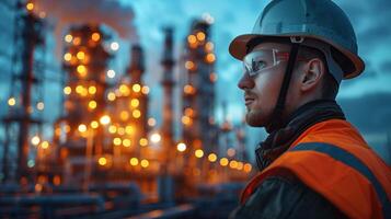 Engineers in Safety Helmets and Uniforms Overseeing Industrial Plant Operations at Twilight with Focus on Safety and Precision photo