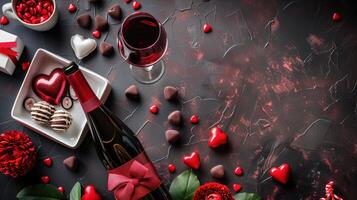 Romantic Valentine's Day Dinner Setup with Wine and Candies for a Special Evening Celebration photo