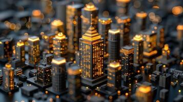 Ethereal Corporate Metropolis at Night with Illuminated Skyscrapers and Dreamlike Atmosphere Creating a Futuristic Cityscape In Vibrant Warm Tones photo