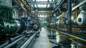 Horizontal View Of An Industrial Facility With Complex Machinery And Pipelines photo