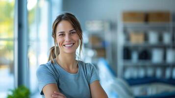 Smiling Physiotherapist in a Modern Clinic Setting Providing Professional and Friendly Healthcare Services photo