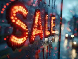 Illuminated Sale Sign in Rainy Urban Setting with Vibrant Neon Lights and Reflections photo