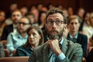Executive Engages with Audience During Thought-Provoking Business Presentation in Modern Conference Setting photo