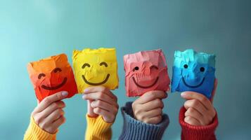 Colorful Painted Smiley Faces Held by Hands in Cozy Sweaters Representing Happiness and Emotional Expression photo