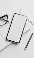 White Minimalist Smartphone Mockup On Desk With Glasses And Notebook In Modern Workspace Setting photo