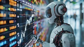 Futuristic Trading Robot Analyzing Cryptocurrency Market Trends with Digital Interface in Modern Financial Environment photo