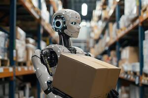 Robot Holding a Box in a Modern Warehouse Illustrating Futuristic Automation and Logistics photo