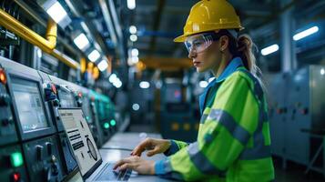 Professional Worker in Modern Factory Using Laptop for Industrial Machine Monitoring and Control photo
