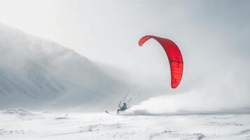Snowkiting Adventure in Breathtaking Mountain Landscape with Vibrant Red Kite and Stunning White Background photo