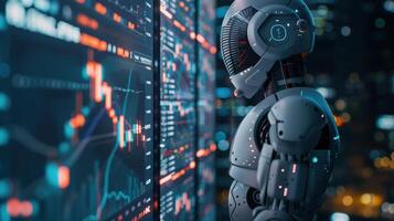 Advanced Trading Robot Analyzing Cryptocurrency Market in Futuristic Environment with Digital Interface and Data Visualization photo