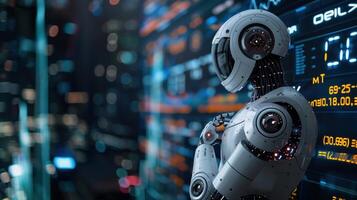 Futuristic Robot Analyzing Cryptocurrency Market Trends with Digital Data Interface in a High-Tech Environment photo