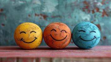 Colorful Cracked Textured Balls Displaying Happy Faces in a Cheerful Arrangement Against an Artistic Background photo