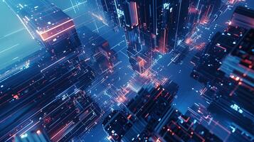 Futuristic Technology Background Depicting Digital Cityscape with Abstract Neon Lights in Blue and Red photo