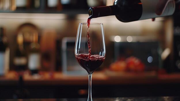 Red Wine Being Poured Into a Beautiful Glass in a Sophisticated Atmosphere With Warm Ambient Lighting photo