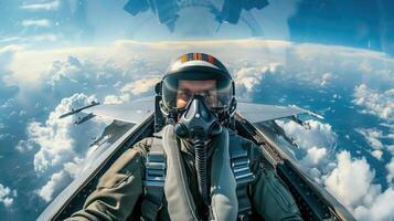 Portrait of a Pilot in the Cockpit of an F-16 Fighter Jet Soaring Above the Clouds During Flight photo