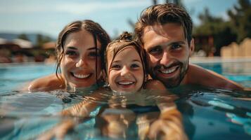 Portrait of a Happy Family Enjoying Time Together in a Swimming Pool at an Aquatic Resort on a Sunny Day photo