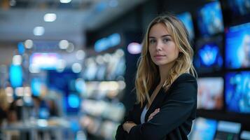 Confident Woman Sales Expert in Technology Store Surrounded by High-Tech Products and Digital Screens photo