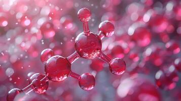 3D Illustration of Transparent Gel Molecule Structure with Reflective Surface and Pink Background Bokeh Effect photo