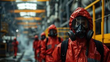 Team in Red Hazmat Suits and Respirators Preparing for Safety Protocols in Industrial Environment photo