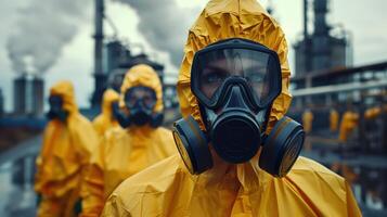 Team in Yellow Hazmat Suits and Respirators Preparing for Hazardous Material Cleanup at Industrial Site photo