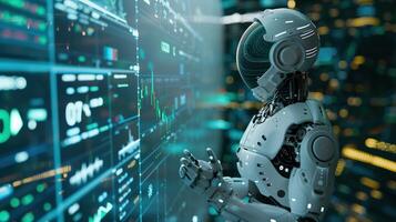 Futuristic Trading Robot Analyzing Cryptocurrency Data on Digital Screen in a Modern Financial Environment photo