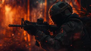 Ultra Realistic Military Game Scene with Soldier in Full Gear and Intense Combat Atmosphere photo