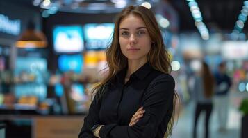 Confident Sales Expert Woman in Modern Technology Store Showcasing Professionalism and Style photo