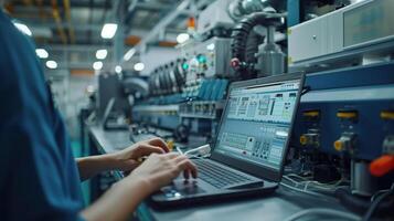 Professional Worker in Modern Factory Using Laptop for Industrial Automation and Data Analysis on Production Line photo