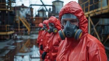 Team in Red Hazmat Suits and Respirators in Industrial Setting Prepared for Hazardous Conditions photo